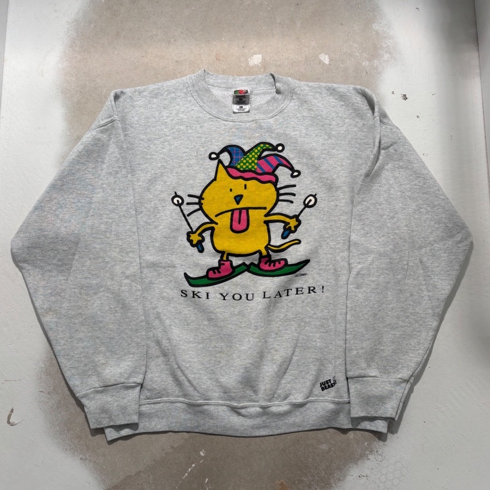 Vintage Fruit of the Loom Jim Benton Ski You Later Cat Sweatshirt Gray XL 90s